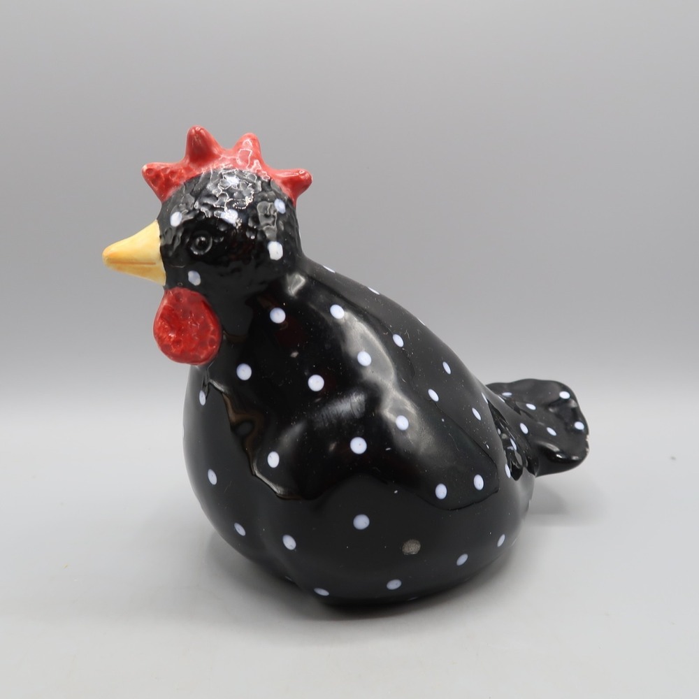Black White Polka Dot Ceramic Chicken Hen Figurine Farmhouse‎ Decor 5.5" tall